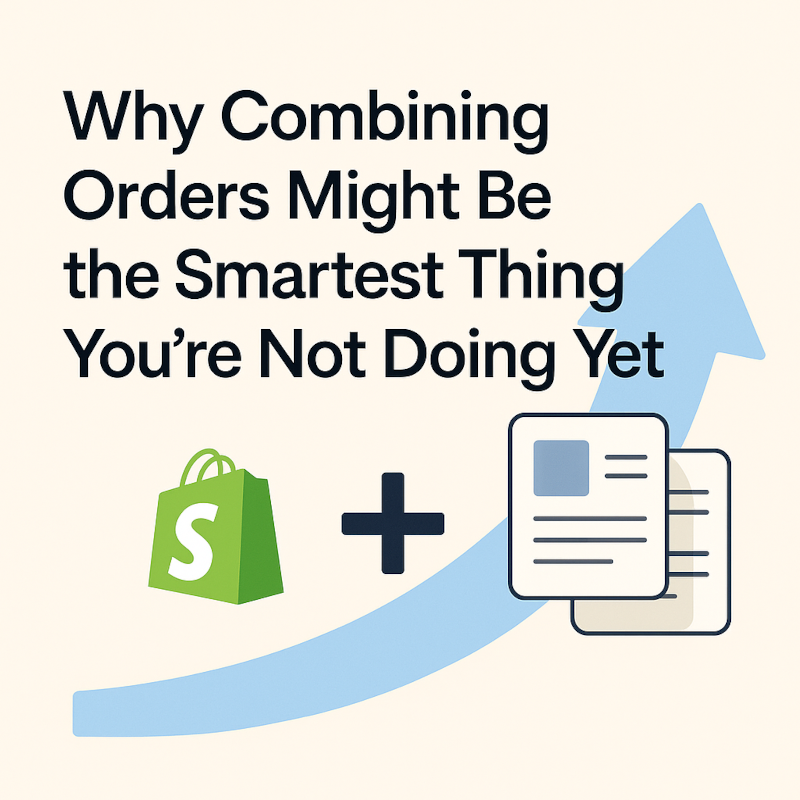 Illustration of benefits of combining Shopify orders showing orders, Shopify logo, and growth arrow
